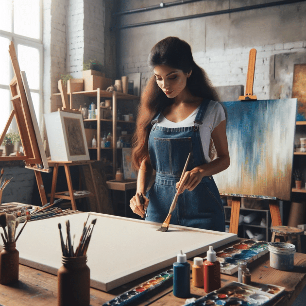 A Hispanic female working on a large canvas in an artistic workshop