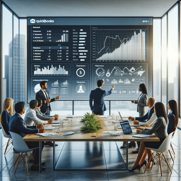 A team of professionals using QuickBooks in a conference room