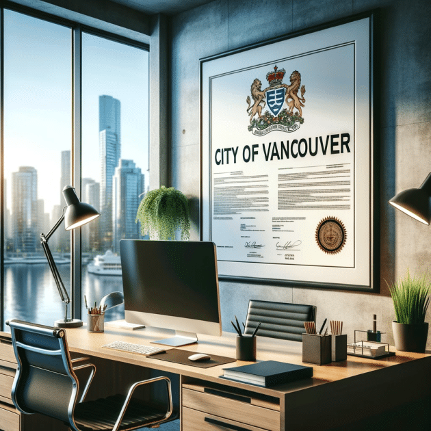 An office interior in Vancouver, highlighting a framed business license on the wall