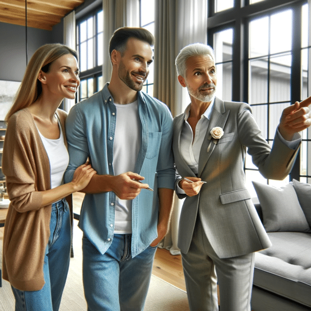 energetic real estate agent giving a house tour to a diverse couple