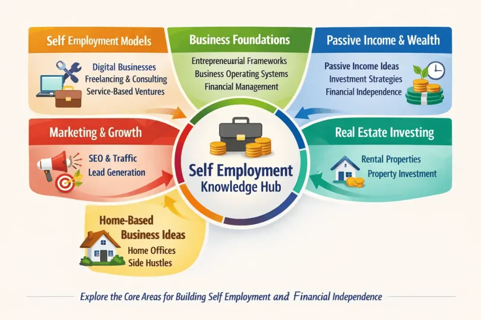 Self Employment Knowledge Hub infographic showing the six core areas of entrepreneurship covered on SelfEmployedIdeas.com including self employment models, business foundations, passive income strategies, real estate investing, marketing systems, and home-based business ideas.