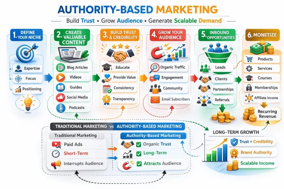 Infographic showing authority-based marketing framework including niche positioning, content creation, trust building, audience growth, and monetization through inbound demand and long-term credibility.