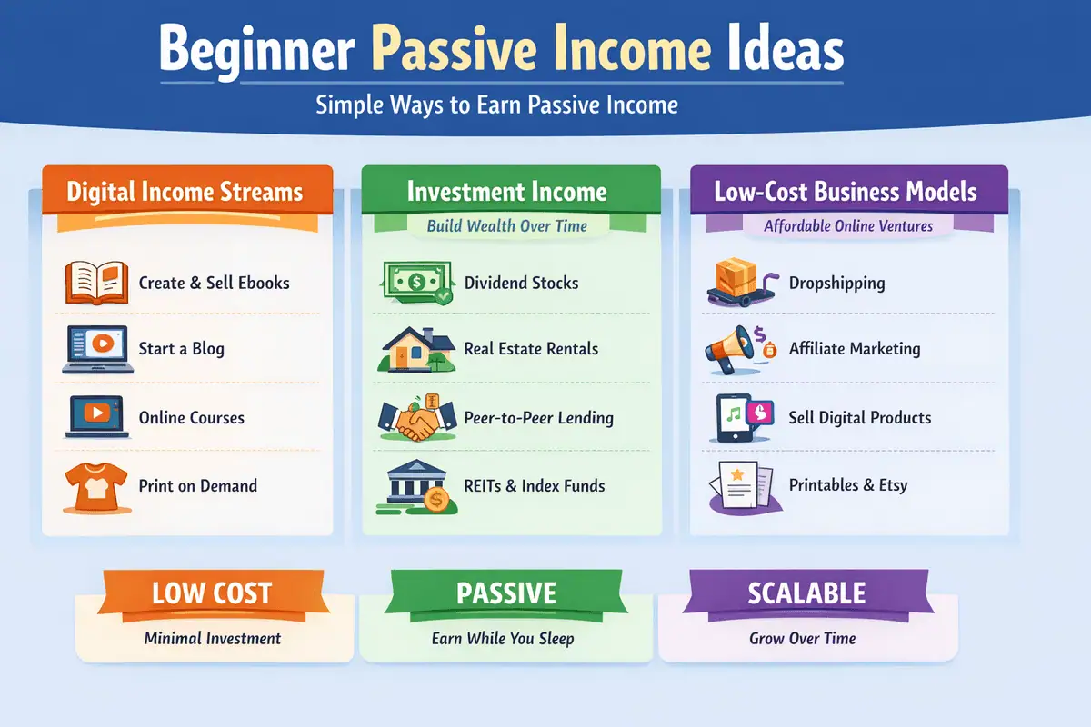 Passive income ideas infographic showing 25 ways to build recurring income streams