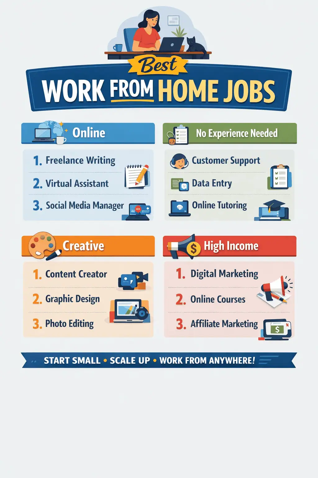 Best work from home jobs infographic showing online jobs, no experience jobs, creative remote work, and high income opportunities including freelance writing, virtual assistant, customer support, digital marketing, and affiliate marketing.