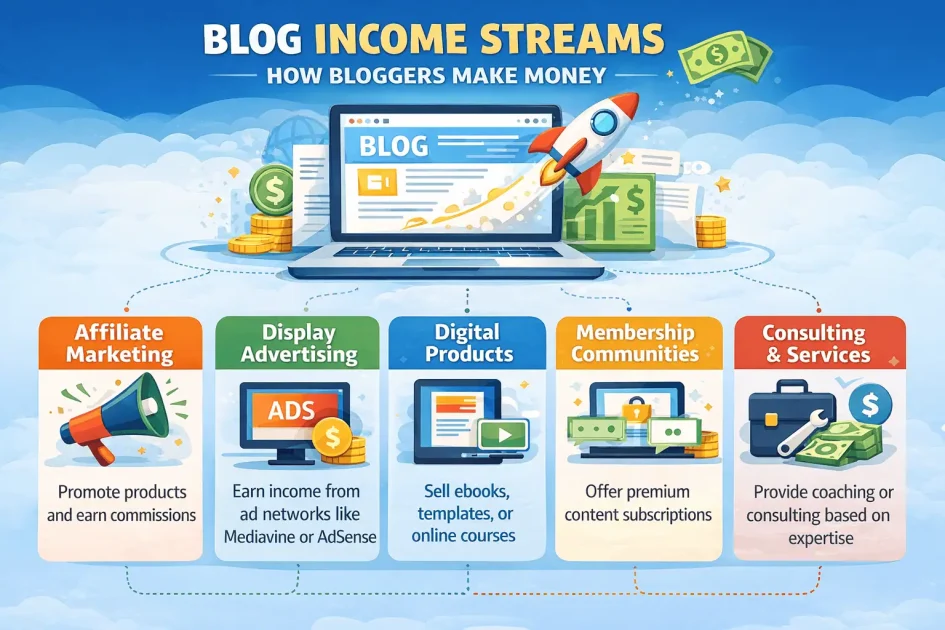 Blog income streams infographic showing how bloggers make money through affiliate marketing, display advertising, digital products, membership communities, and consulting or services.