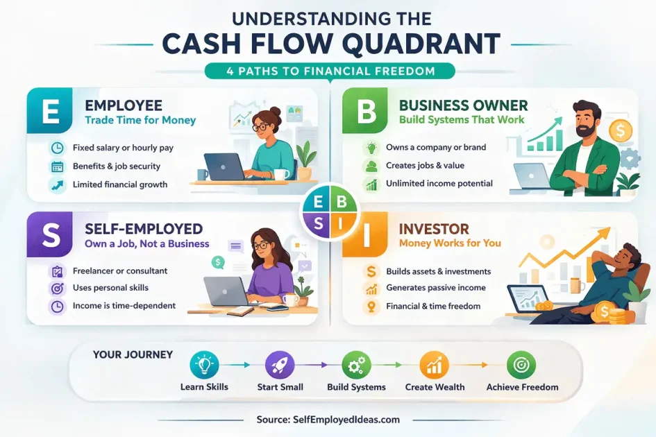 Infographic explaining the cash flow quadrant with four income types: employee, self-employed, business owner, and investor, showing how each category earns income and the progression toward financial freedom.