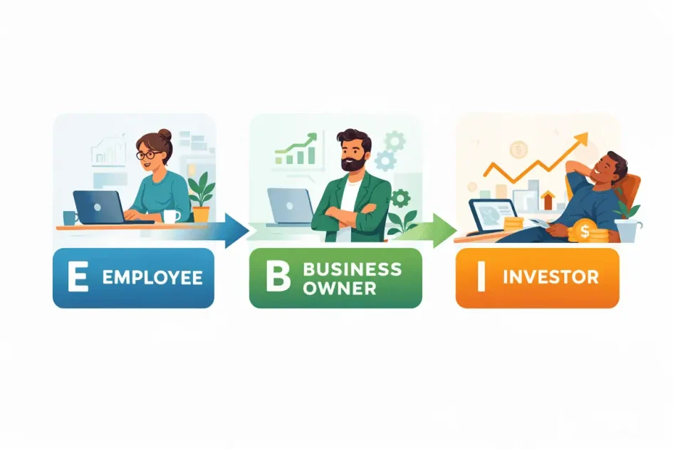 Micro infographic showing the cash flow quadrant progression from employee to business owner to investor, illustrating the transition from active income to scalable and passive income systems.