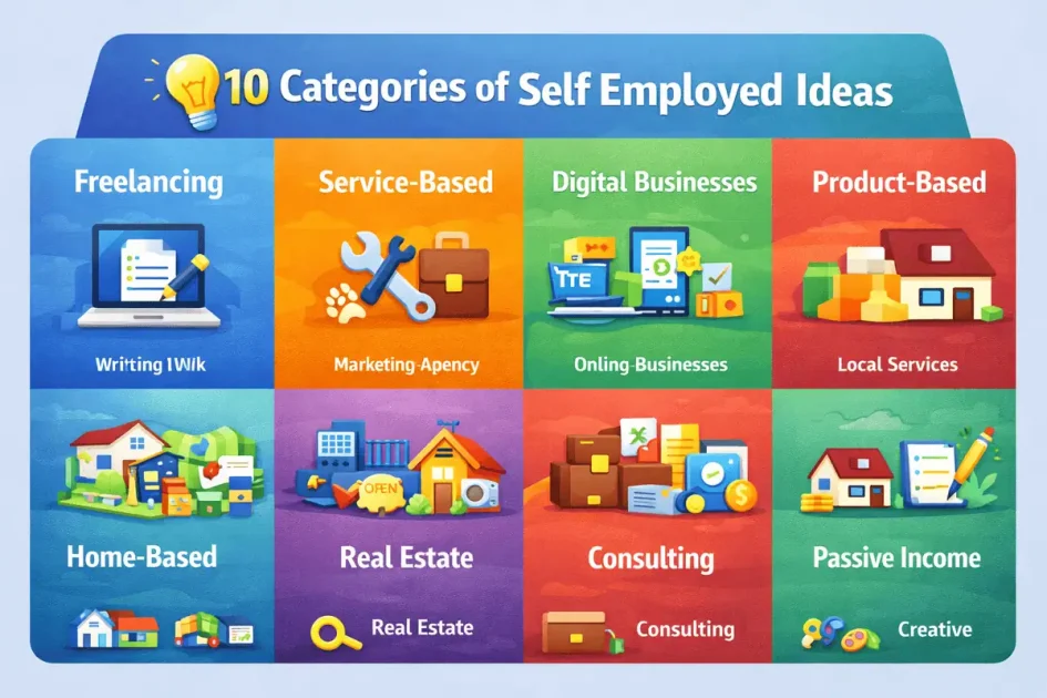 10 categories of self employed ideas infographic showing freelance work, service businesses, digital businesses, product businesses, home-based businesses, consulting, passive income, and real estate opportunities