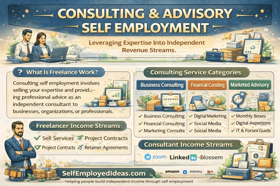 Consulting and advisory self employment infographic showing consulting services, advisory retainers, coaching programs, and expert strategy services.