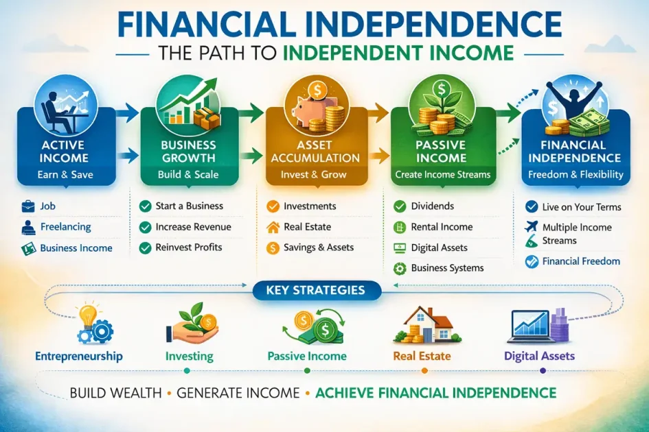 Financial independence infographic showing how to build wealth through active income, business growth, asset accumulation, passive income streams, and long-term financial freedom strategies.