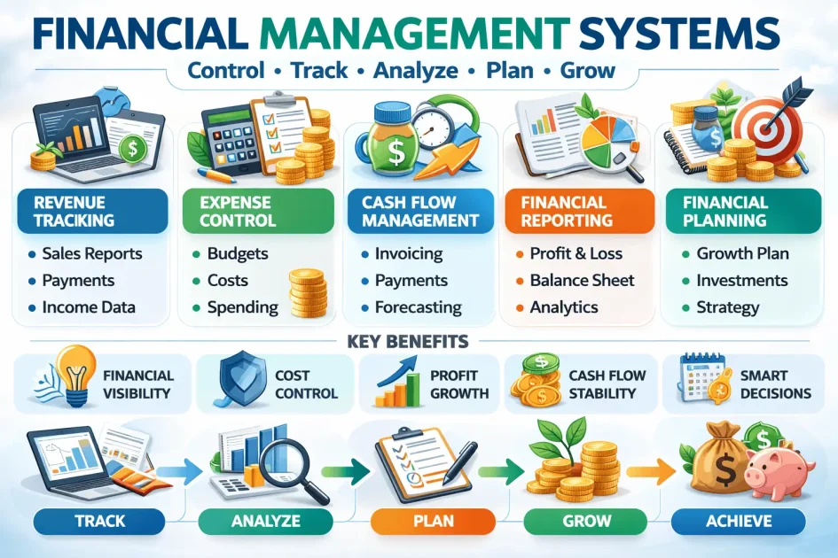 Financial management systems infographic illustrating revenue tracking, expense control, cash flow management, financial reporting, and financial planning for sustainable business growth.