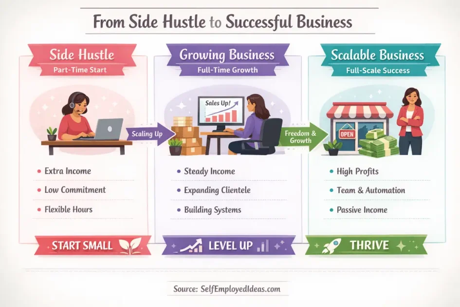 home based businesses for moms showing progression from side hustle to scalable business with income growth and passive income systems.