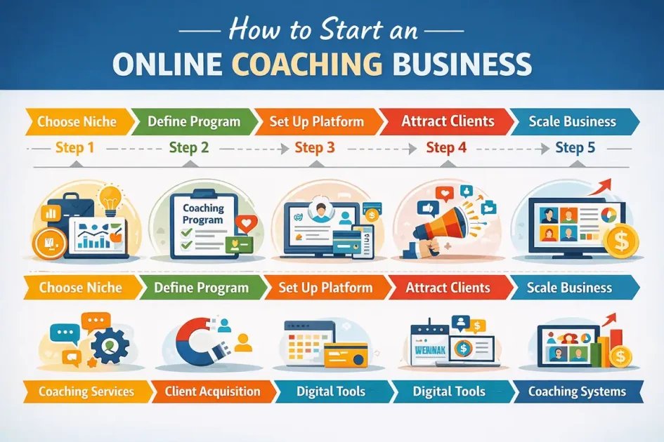 Infographic showing the framework for how to start an online coaching business, including choosing a coaching niche, creating a coaching program, setting up digital platforms, attracting clients, and scaling a coaching business.