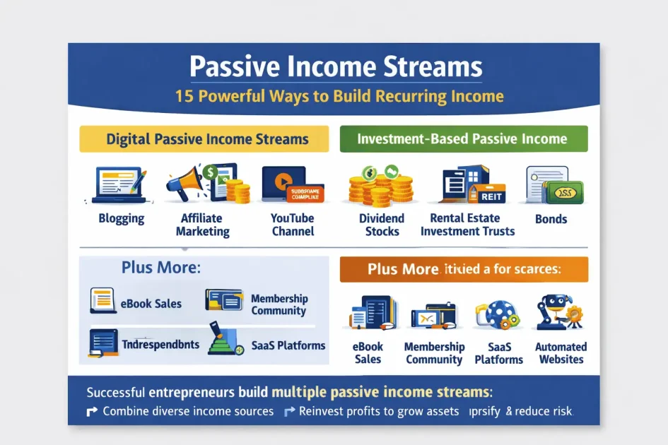 Infographic showing passive income streams, including digital products, affiliate marketing, rental income, dividend investing, and online businesses, with multiple income sources that generate recurring revenue over time.