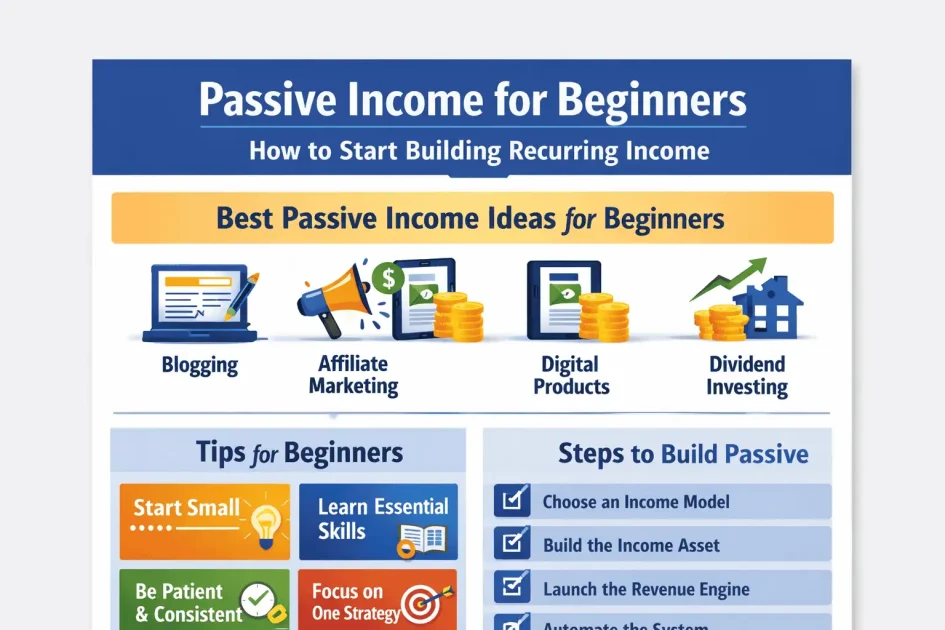 Infographic showing passive income for beginners, including simple ways to start earning money such as digital products, affiliate marketing, and beginner investing, with steps to build and scale income over time.