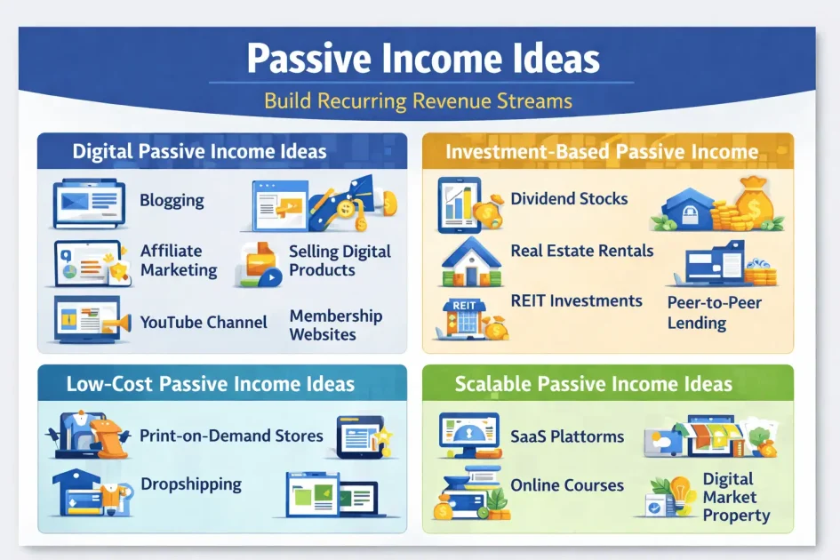 Passive income ideas infographic showing digital income, investment income, low-cost income ideas, and scalable passive income strategies.
