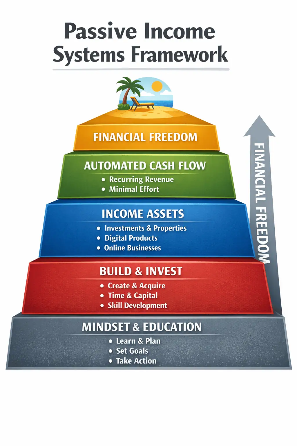 Infographic showing the passive income systems framework, including stages from mindset and education, building and investing, income assets, automated cash flow, and financial freedom.