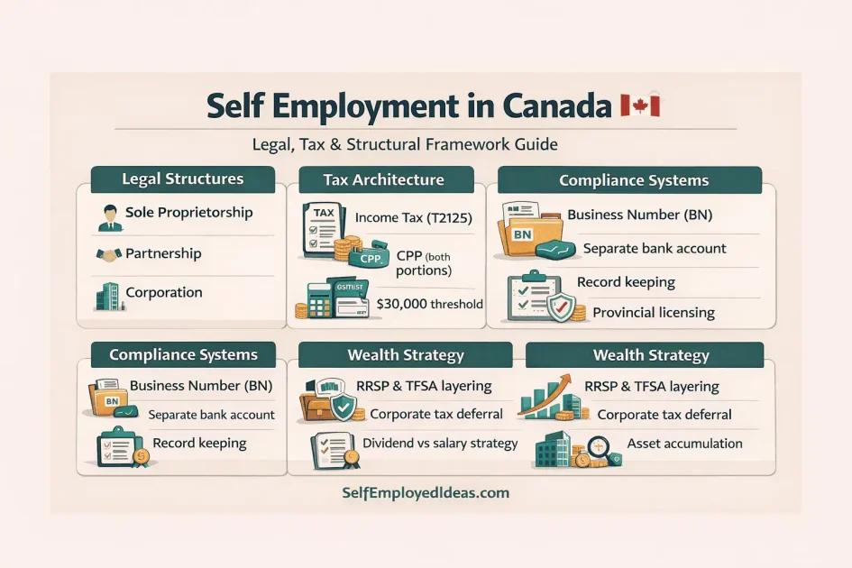 Self Employment in Canada infographic explaining sole proprietorship vs corporation, GST/HST threshold, CPP contributions, CRA tax obligations, and long-term wealth strategy.
