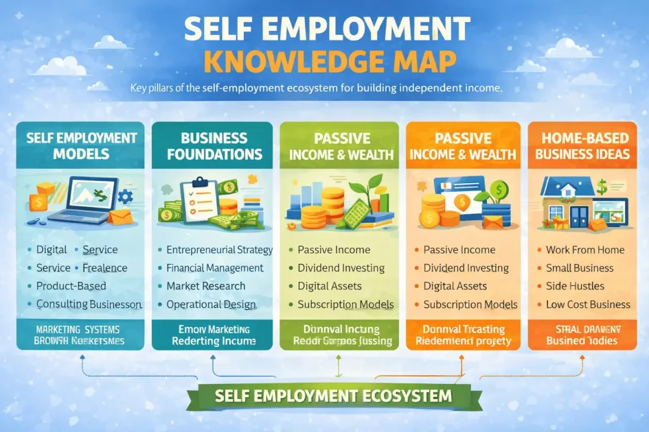 Self employment knowledge map infographic showing the six core pillars of independent income including self employment models, business foundations, passive income and wealth, marketing and growth systems, real estate investing, and home-based business ideas.