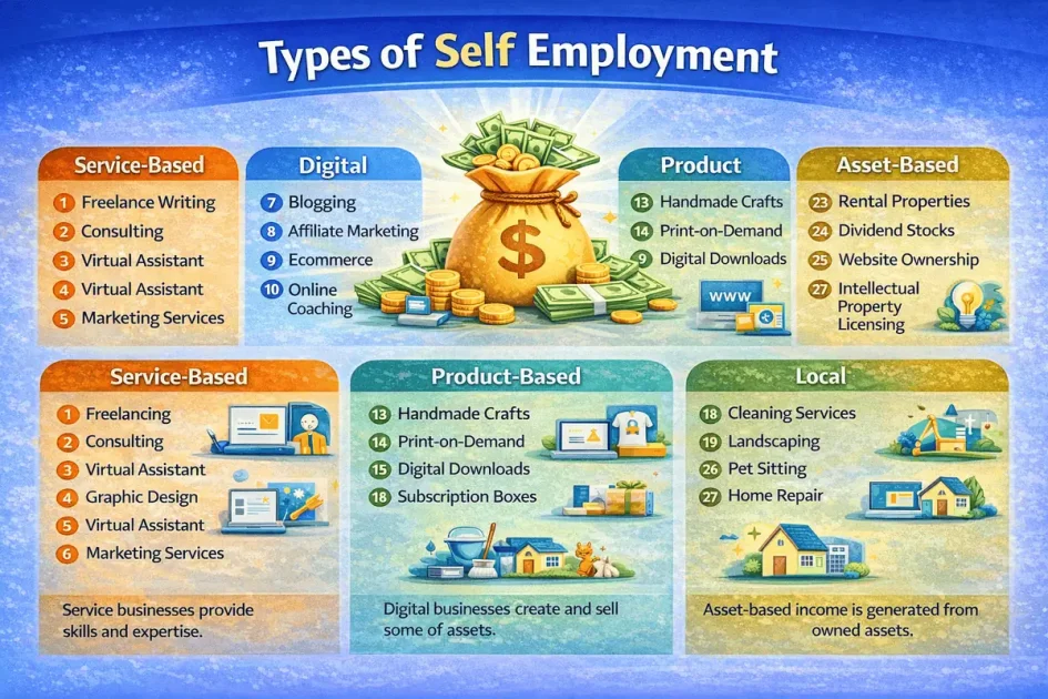 Types of self employment infographic showing service businesses, digital businesses, product businesses, local businesses, and asset-based income models.