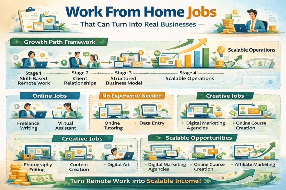 Work from home jobs infographic showing popular remote job opportunities including virtual assistant work, freelance writing, online tutoring, customer support, social media management, and other flexible remote income options.