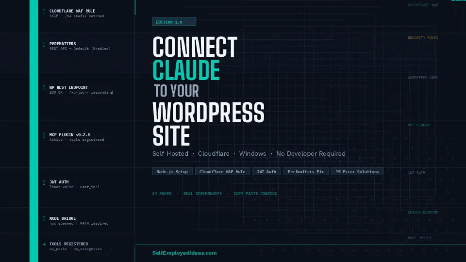 Ebook cover for Connect Claude to Your WordPress Site showing a dark terminal-style interface with a teal signal line running through infrastructure layers labeled Cloudflare WAF, Security Rules, WordPress Core, MCP Plugin, JWT Auth, Claude Desktop, and Node Bridge, with status log entries confirming each layer resolved successfully