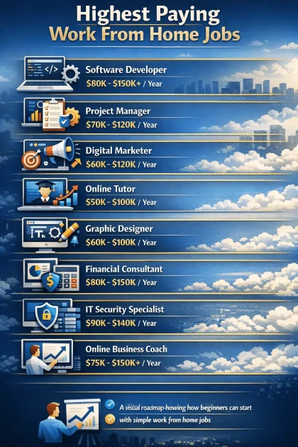 Highest paying work from home jobs infographic showing top remote careers like software developer, digital marketing, IT security, online business coach, and freelance roles with high income potential and salary ranges.