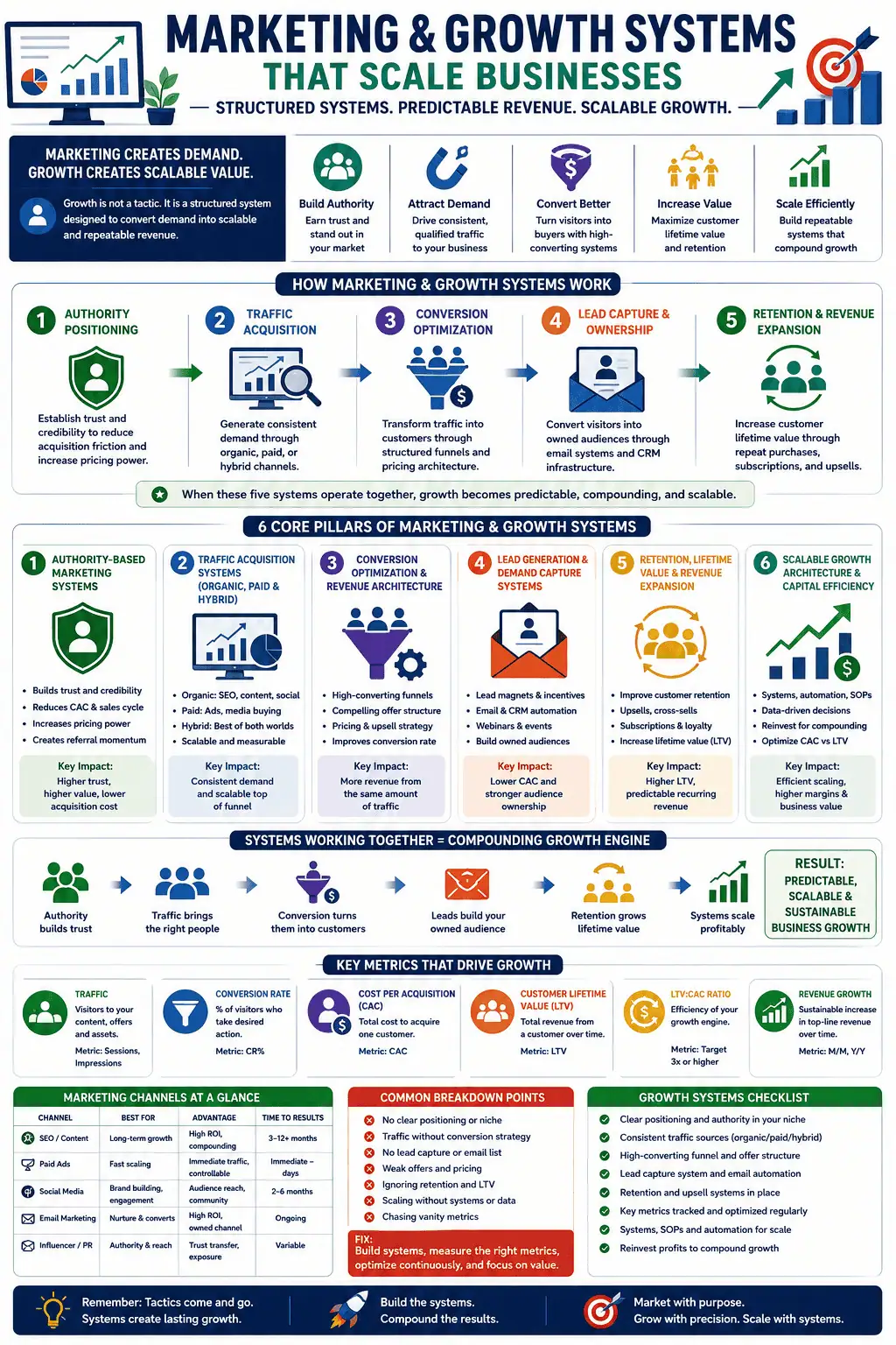 Educational infographic explaining marketing and growth systems including authority positioning, traffic acquisition, conversion optimization, lead generation, retention systems, customer lifetime value, and scalable business growth architecture.