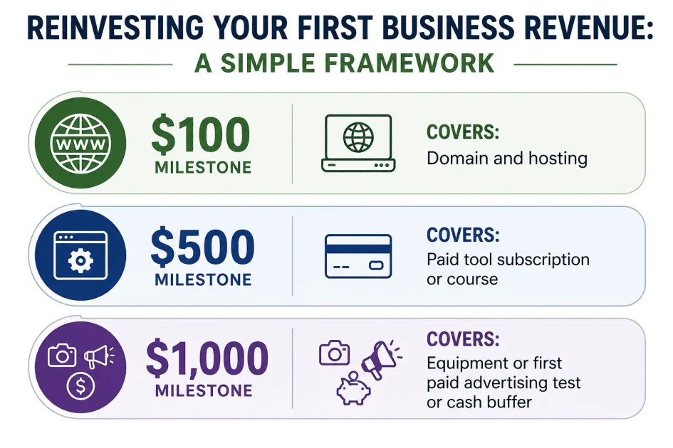 Framework chart showing how to allocate the first $1,000 in revenue from a no-money business start, breaking down spending priorities at the $100, $500, and $1,000 milestones