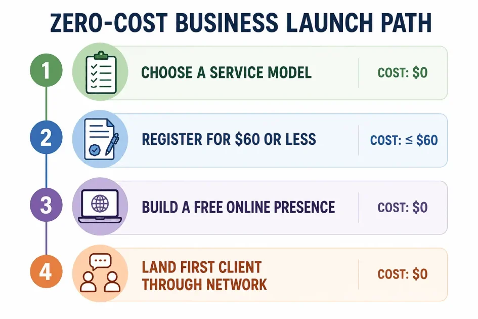 Framework chart showing how to allocate the first $1,000 in revenue from a no-money business start, breaking down spending priorities at the $100, $500, and $1,000 milestones